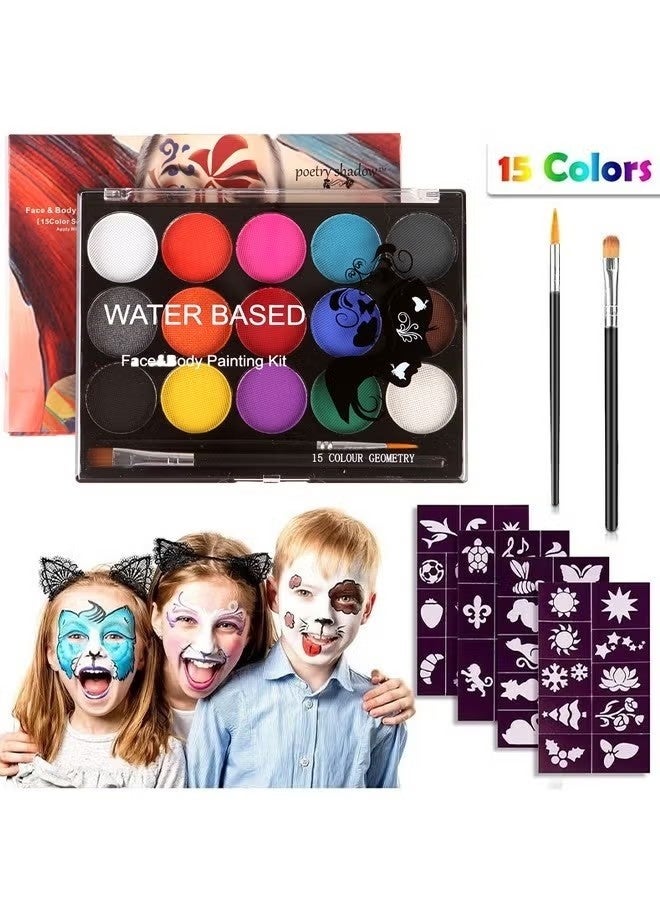 GOOD DEAL Face Paint Kit for Kids, Professional Nontoxic Face Paint 15 Colors Kit with 2 Brushes, Body Makeup Paint Hypoallergenic Water Based Paints for Party Cosplay - Image 1