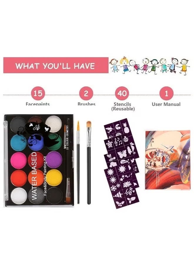 GOOD DEAL Face Paint Kit for Kids, Professional Nontoxic Face Paint 15 Colors Kit with 2 Brushes, Body Makeup Paint Hypoallergenic Water Based Paints for Party Cosplay - Image 3