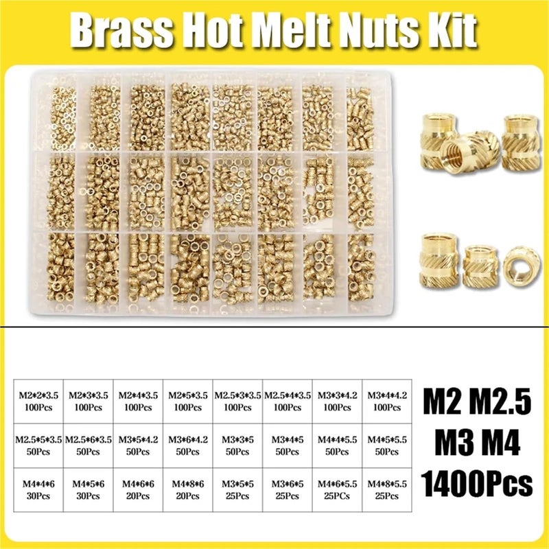 Versatile Hot Melt Brass Heat Insert Nut Iron Tip Embedded Heating Knurled Inserts Nuts 3D Printer Notebook(1400pcs M2-M4) - Image 2