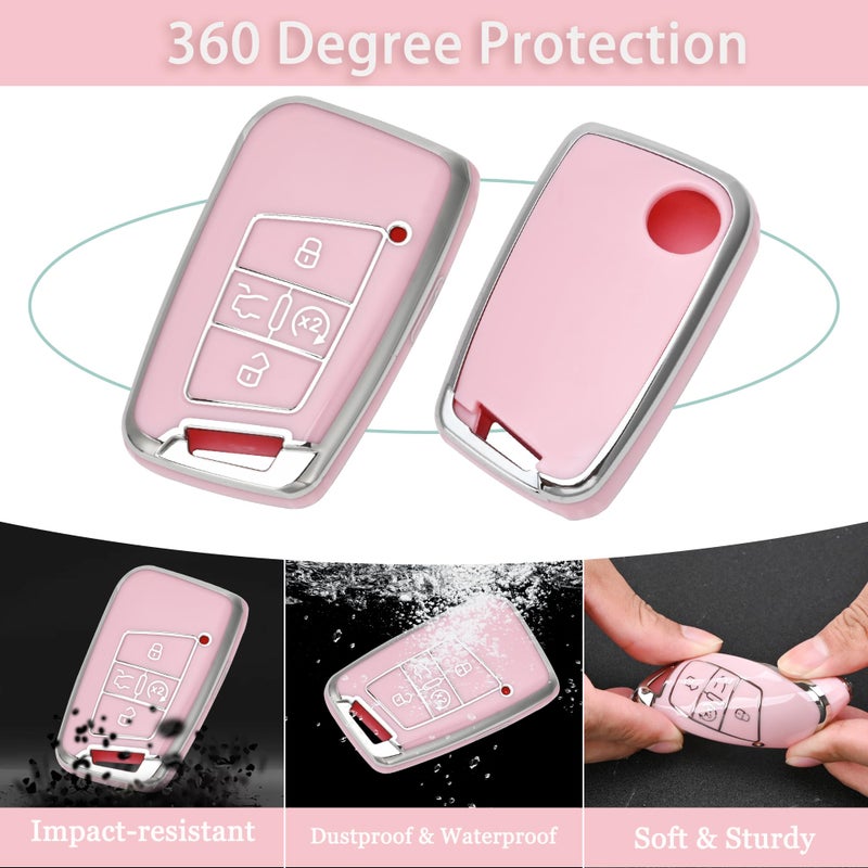 JAMCARI Key Fob Cover for Volkswagen with Keychain, Soft TPU Protection Car Key Case for VW Tiguan Atlas Taos SEL Jetta GLI Passat Arteon Golf Alltrack Remote Start Smart Key (Pink) - Image 3