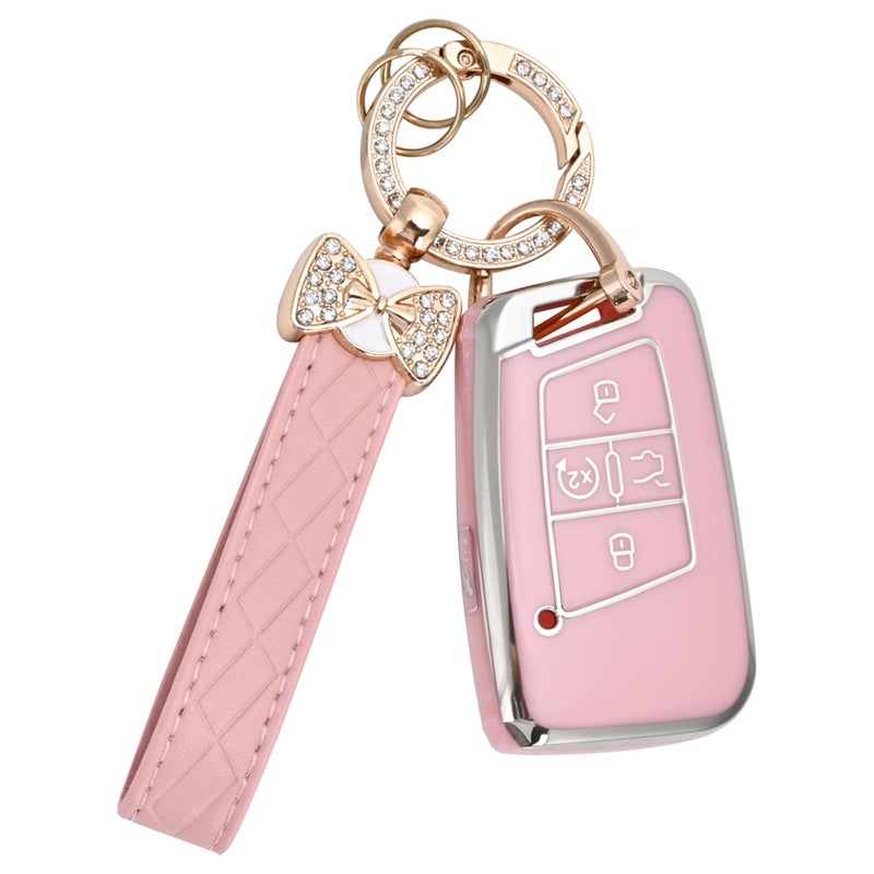 JAMCARI Key Fob Cover for Volkswagen with Keychain, Soft TPU Protection Car Key Case for VW Tiguan Atlas Taos SEL Jetta GLI Passat Arteon Golf Alltrack Remote Start Smart Key (Pink) - Image 1