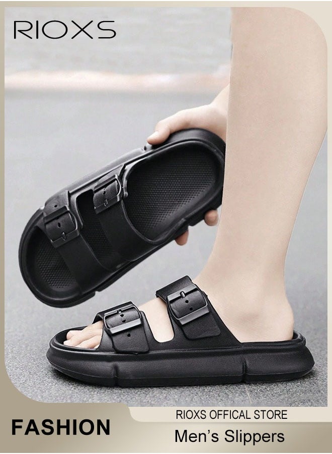RIOXS - Men's Flat Slippers, Anti-Slip Shower Slippers, Soft Sole Sandal Slippers, Lightweight Flat Opened Toe Sandals, Slip-on Slippers For Bathroom Beach Walking Or Indoor Leisure Wear, Classic Black Slide Sandals For Men Daddy Boyfriend Husband - Image 1