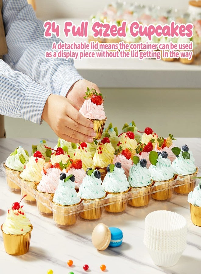 Gencywe (24 Pack x 10 Sets) Stackable Cupcake Carrier Holders with 240 Pack Cupcake Liners, Plastic Cupcake Boxes Holders for 24 Cupcakes, High Tall Dome Lid Cupcake Containers, Clear Disposable - Image 3