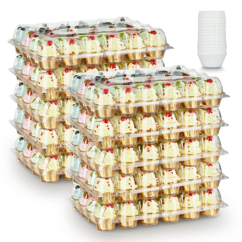 Gencywe (24 Pack x 10 Sets) Stackable Cupcake Carrier Holders with 240 Pack Cupcake Liners, Plastic Cupcake Boxes Holders for 24 Cupcakes, High Tall Dome Lid Cupcake Containers, Clear Disposable - Image 1