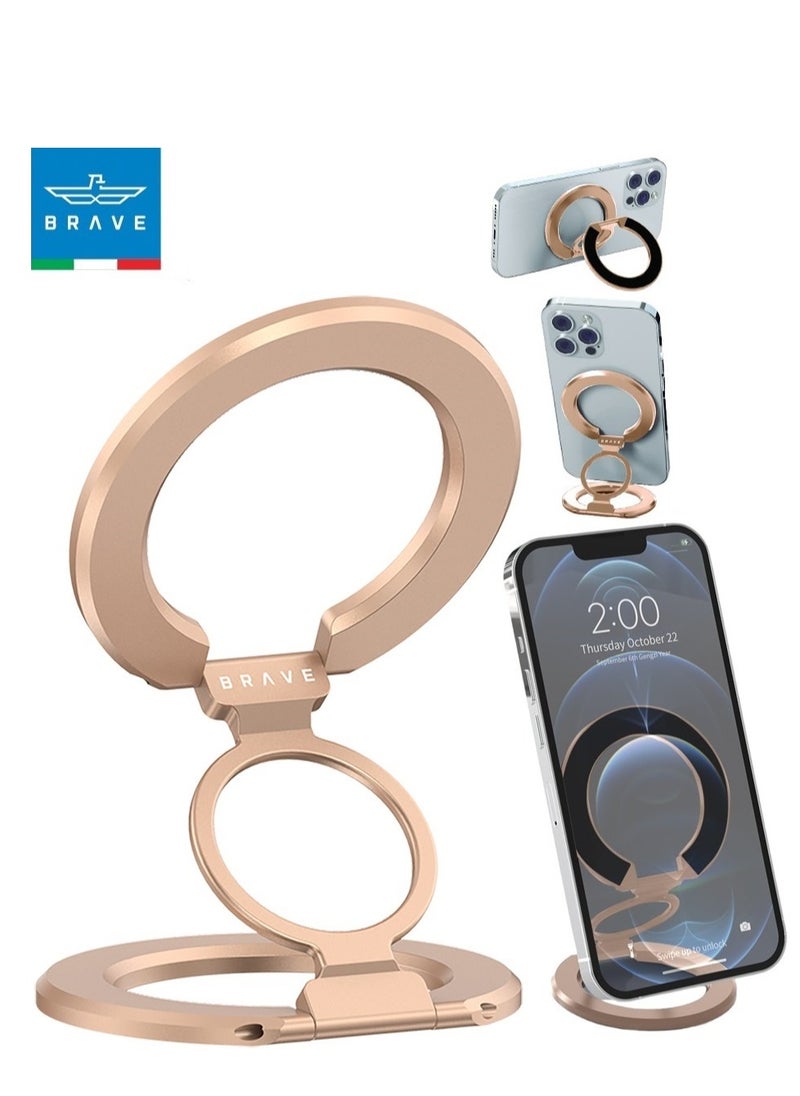 Brave 3-in-1 Foldable Magnetic Phone Holder, Dual-Sided Magnetic Removable Ring Grip & Kickstand, Universal Stand for iPhone 16/15/14/13/12 MagSafe Case & Android, Compatible with Magnetic Car Mount, Gym, Desk Use, Strong Magnet, All-Metal Portable Stand, Supports All iOS/Android Devices, Multi-Purpose Accessory (Gold)  - Image 1
