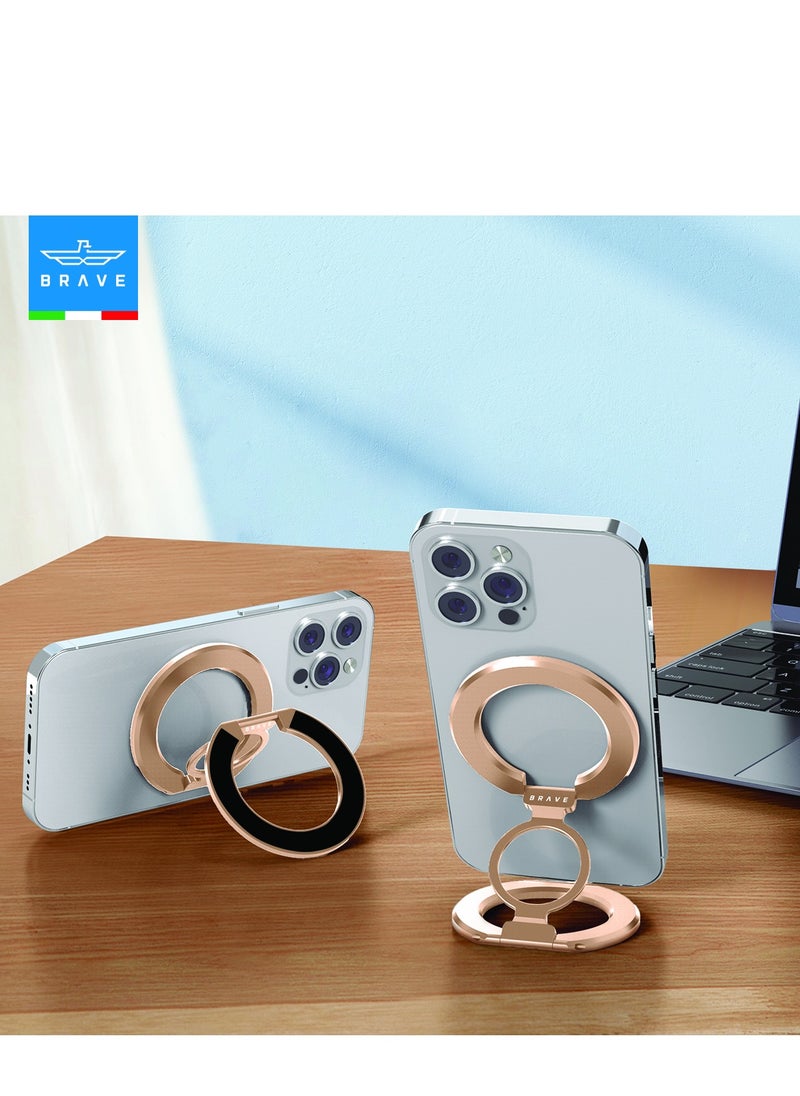 Brave 3-in-1 Foldable Magnetic Phone Holder, Dual-Sided Magnetic Removable Ring Grip & Kickstand, Universal Stand for iPhone 16/15/14/13/12 MagSafe Case & Android, Compatible with Magnetic Car Mount, Gym, Desk Use, Strong Magnet, All-Metal Portable Stand, Supports All iOS/Android Devices, Multi-Purpose Accessory (Gold)  - Image 2