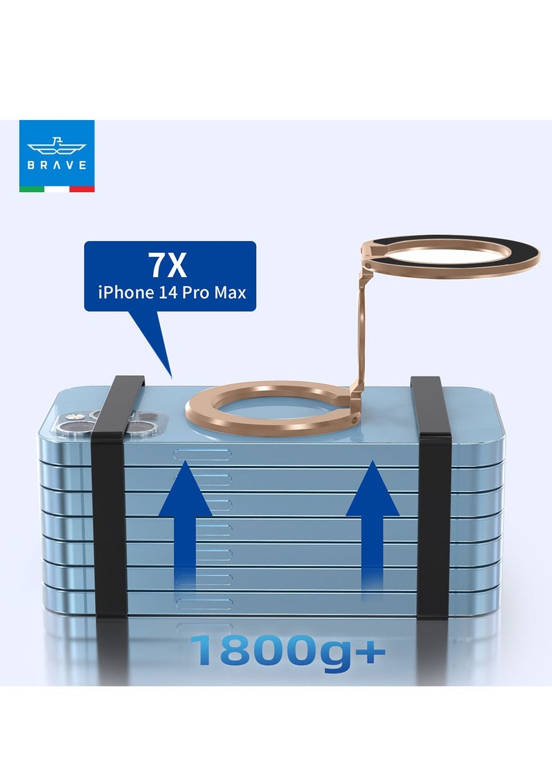 Brave - 3-in-1 Foldable Magnetic Phone Holder, Dual-Sided Magnetic Removable Ring Grip & Kickstand, Universal Stand for iPhone 16/15/14/13/12 MagSafe Case & Android, Compatible with Magnetic Car Mount, Gym, Desk Use, Strong Magnet, All-Metal Portable Stand, Supports All iOS/Android Devices, Multi-Purpose Accessory (Gold) - Image 1