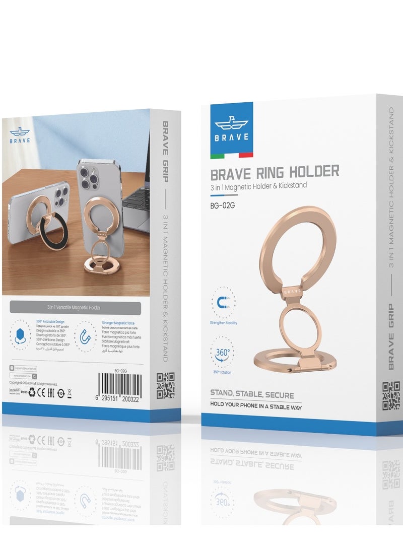 Brave - 3-in-1 Foldable Magnetic Phone Holder, Dual-Sided Magnetic Removable Ring Grip & Kickstand, Universal Stand for iPhone 16/15/14/13/12 MagSafe Case & Android, Compatible with Magnetic Car Mount, Gym, Desk Use, Strong Magnet, All-Metal Portable Stand, Supports All iOS/Android Devices, Multi-Purpose Accessory (Gold) - Image 1