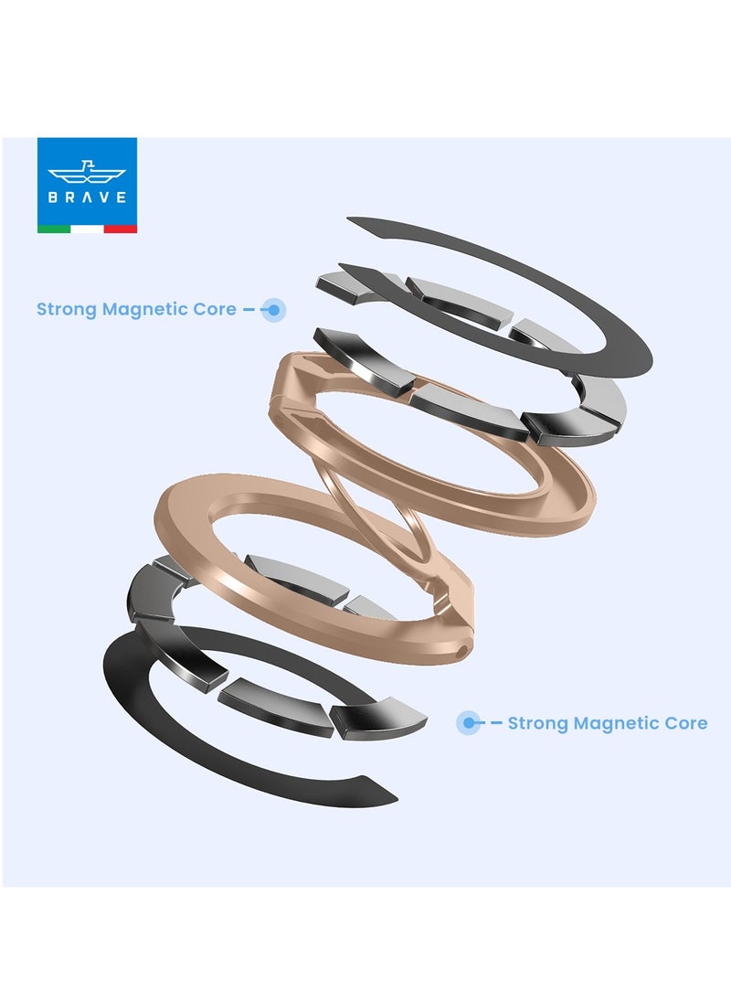 Brave - 3-in-1 Foldable Magnetic Phone Holder, Dual-Sided Magnetic Removable Ring Grip & Kickstand, Universal Stand for iPhone 16/15/14/13/12 MagSafe Case & Android, Compatible with Magnetic Car Mount, Gym, Desk Use, Strong Magnet, All-Metal Portable Stand, Supports All iOS/Android Devices, Multi-Purpose Accessory (Gold) - Image 1