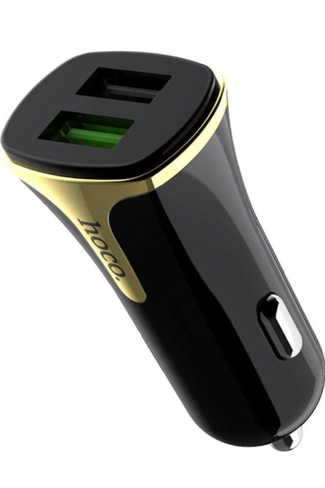 Hoco Z31 - Universe Dual USB-A Ports Fast Car Charger, Support QC3.0/QC2.0, FCP/SCP, AFC, APPLE 2.4A Fast Charing Protocols, Charger Compatible With iPhone Samsung Xiaomi Oppo Huawei - Black - Image 1