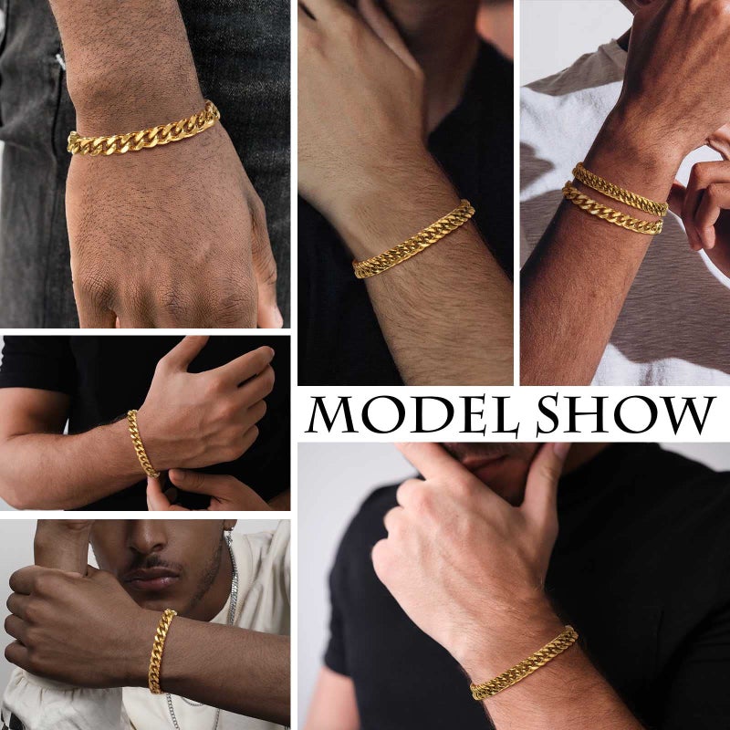 VNOX Cuban Link Chain Bracelet Set - Sturdy Stainless Steel Curb Width Cuban Link Chain Bracelet for Men,7mm Mens Gold Bracelet for Men - Image 3