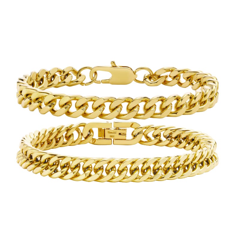 VNOX Cuban Link Chain Bracelet Set - Sturdy Stainless Steel Curb Width Cuban Link Chain Bracelet for Men,7mm Mens Gold Bracelet for Men - Image 1