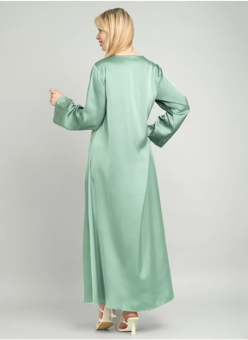 IKKXA Solid Embellished Modern Jalabiya CJ1082 Green