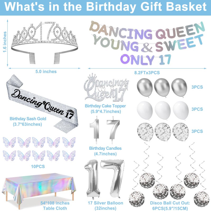 YeohJoy 34pcs Dancing Queen Party Decorations 17,Dancing Queen Banner,Silver 17th Birthday Tiara and Sash,Balloons,Disco Hanging Swirls,Butterfly,Candles and Cake Topper,Tablecloth for 17 Birthday - Image 2