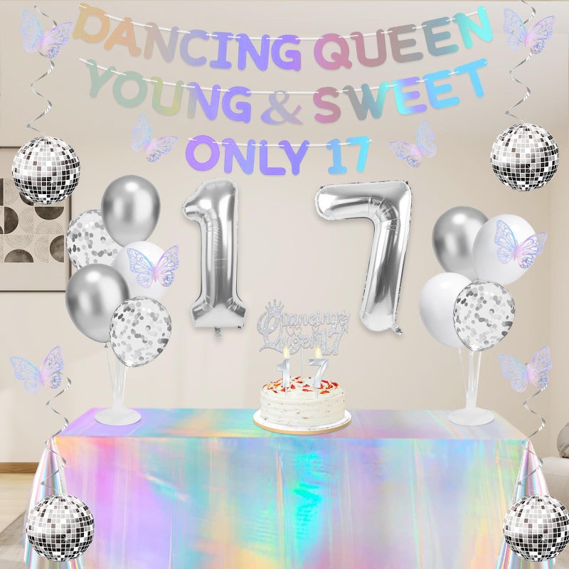YeohJoy 34pcs Dancing Queen Party Decorations 17,Dancing Queen Banner,Silver 17th Birthday Tiara and Sash,Balloons,Disco Hanging Swirls,Butterfly,Candles and Cake Topper,Tablecloth for 17 Birthday - Image 4