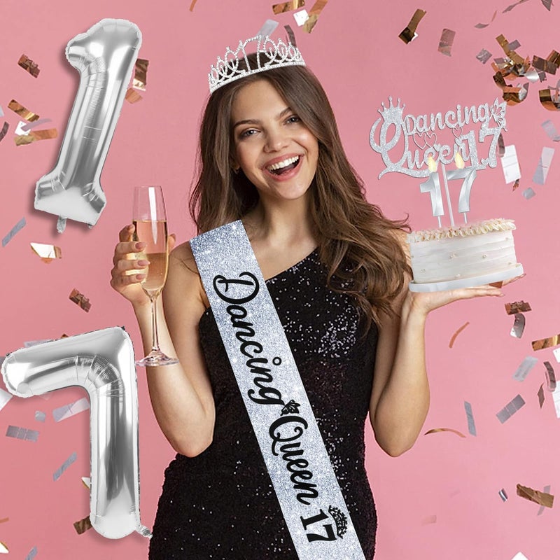 YeohJoy 34pcs Dancing Queen Party Decorations 17,Dancing Queen Banner,Silver 17th Birthday Tiara and Sash,Balloons,Disco Hanging Swirls,Butterfly,Candles and Cake Topper,Tablecloth for 17 Birthday - Image 3