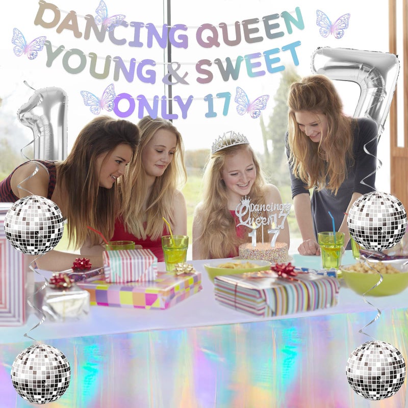 YeohJoy 34pcs Dancing Queen Party Decorations 17,Dancing Queen Banner,Silver 17th Birthday Tiara and Sash,Balloons,Disco Hanging Swirls,Butterfly,Candles and Cake Topper,Tablecloth for 17 Birthday - Image 5