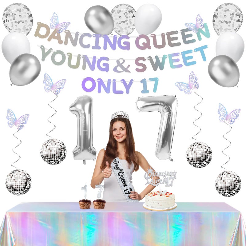 YeohJoy 34pcs Dancing Queen Party Decorations 17,Dancing Queen Banner,Silver 17th Birthday Tiara and Sash,Balloons,Disco Hanging Swirls,Butterfly,Candles and Cake Topper,Tablecloth for 17 Birthday - Image 1