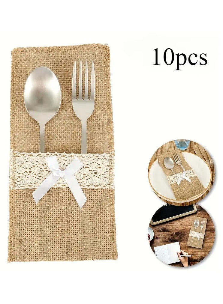 10pcs Rustic Burlap Cutlery Holders with Lace and Bow Accents - Jute Silverware Pouches for Wedding, Birthday, Dining Table Decor - Image 2