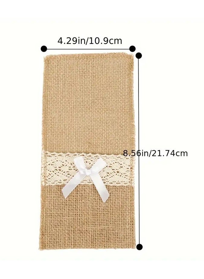 10pcs Rustic Burlap Cutlery Holders with Lace and Bow Accents - Jute Silverware Pouches for Wedding, Birthday, Dining Table Decor - Image 4