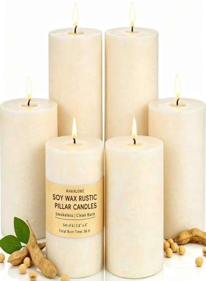 MAKALONE 6 Pack Soy White Pillar Candles,Natural Soybean Pillar Candles,330 H Long Burning,2.8x4in Non-Toxic,Unscented,Dripless and Smokeless Rustic Hand-Poured Candles Dinner Table,for Wedding,Home - Image 1