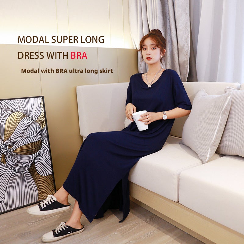 Modal V-Neck Long Loose Nightgown with Bra - Image 1