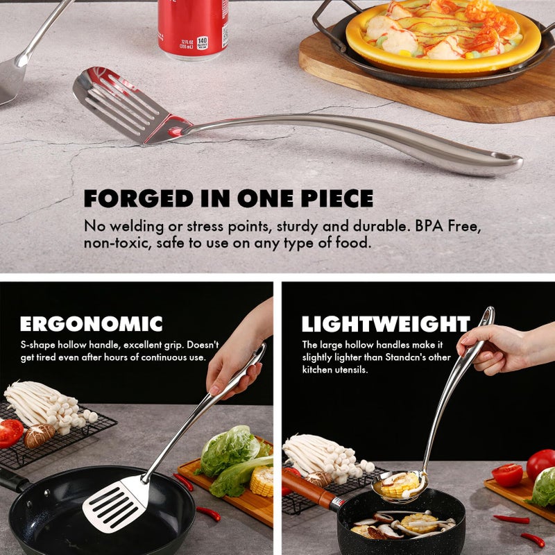 Standcn 18/10 Stainless Steel Kitchen Utensils Set with Holder - 15â€³ Spatula Spoon Set with Storage Organizer for Countertop, Fork, Tongs, Spatula, Ladle, Skimmer, Turner, Spaghetti, Large Spoon Set of 12 - Image 4