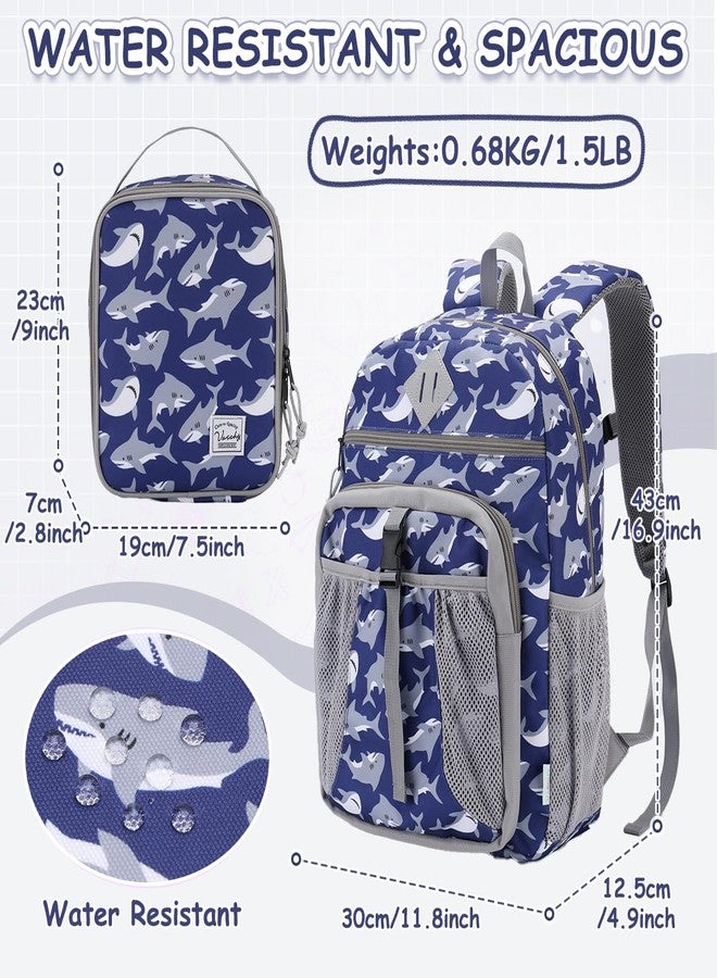 فاشي طقم حقيبة ظهر وغداء للأطفال من فاشي، حقيبة مدرسية كبيرة للأولاد مع صندوق غداء معزول للأطفال الصغار في مرحلة ما قبل المدرسة، والحضانة، ورياض الأطفال، والمدرسة الابتدائية، بتصميم سمكة قرش - Image 2