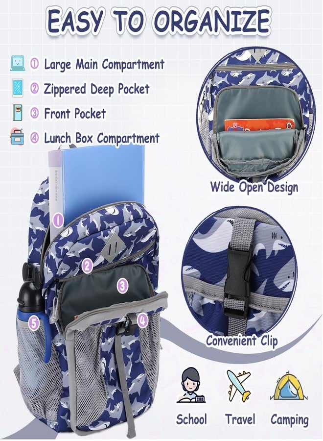 فاشي طقم حقيبة ظهر وغداء للأطفال من فاشي، حقيبة مدرسية كبيرة للأولاد مع صندوق غداء معزول للأطفال الصغار في مرحلة ما قبل المدرسة، والحضانة، ورياض الأطفال، والمدرسة الابتدائية، بتصميم سمكة قرش - Image 3