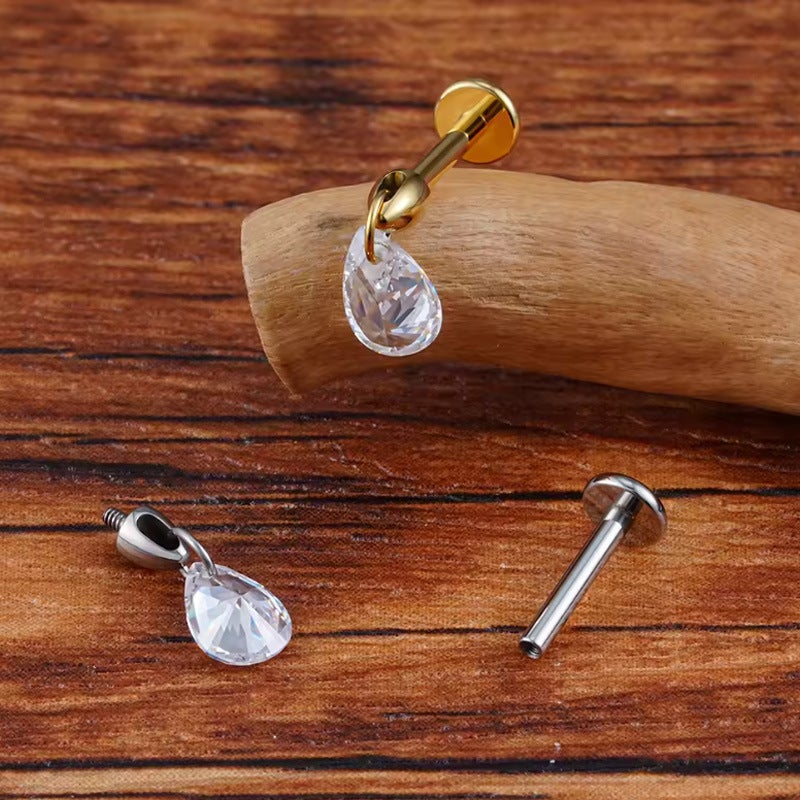 Gabe Titanium Alloy Water Drop Zircon Earnail White Zircon Lip Nail Inner Tooth Ear Bone Nail Internal Thread Puncture - Image 3