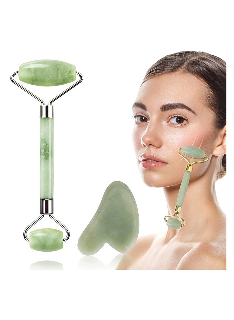 KASTWAVE Jade Roller for Face Jade Roller and Gua Sha Set 100% Real Natural Beauty Jade Facial Roller Massage Tool for Face Eyes Neck Body for Reduces Eyes Puffiness Removes Wrinkles Skin Tightening  - Image 1