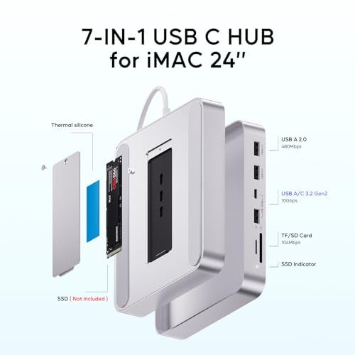 PULWTOP USB C HUB for iMac 24 inch 2021/2023/2024, PULWTOP USB Hub Adapter iMac Accessories for i-Mac M1/M3/M4 with USB C 10Gbps 3*USB A SD/TF, Docking Station Support Expand M.2 SSD (Not Included), Silver - Image 3