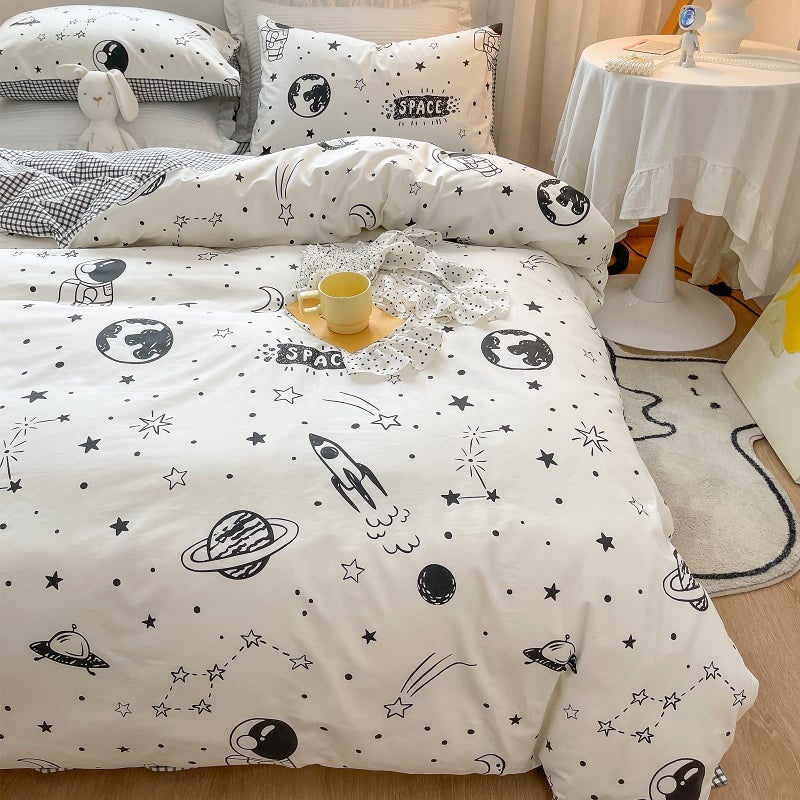 LIWHENHAO LIWHENHAO Space Duvet Cover Set 100 Cotton Full Queen Cartoon Rocket Astronaut Universe Planet Bedding 1 Black White Comforter Cover 2 Pillowcases for Kids Girls Boys Teens Woman 