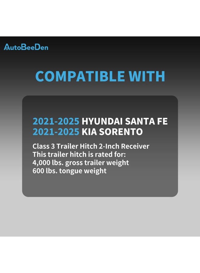 AutoBeeDen Class 3 Trailer Hitch, 2-Inch Receiver, Compatible with Hyundai Santa Fe and Kia Sorento, 2021 2022 2023 2024 2025 - Image 2