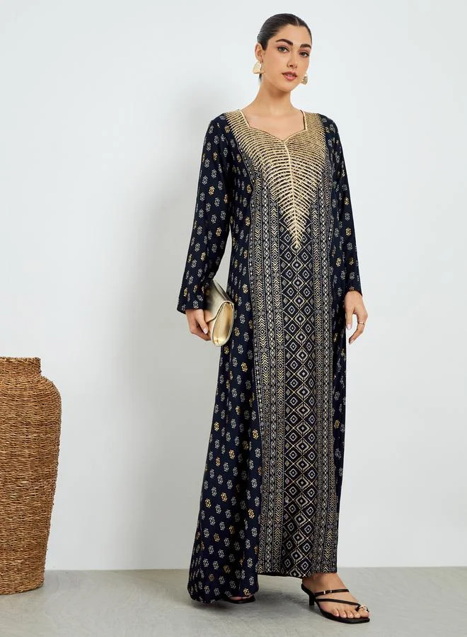 Navy Blue Foil Print Sweetheart Neck Jalabiya