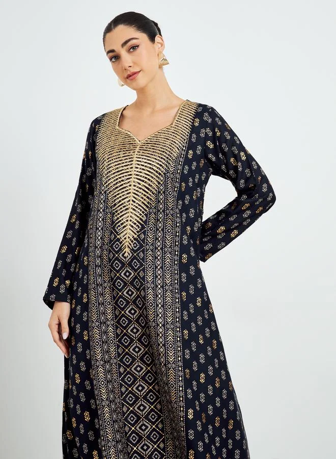 Amirah Navy Blue Foil Print Sweetheart Neck Jalabiya
