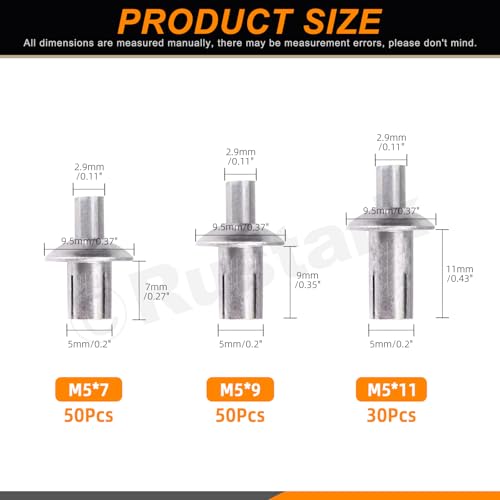 Rustark 130Pcs M5x7mm/9mm/10mm Aluminum Core Rivets with Round Head Assortment Kit, Hammer Drive Aluminum Rivets Knock Type Expansion Half Round Head Core Rivets for Mechanical Electronic Equipment - Image 2
