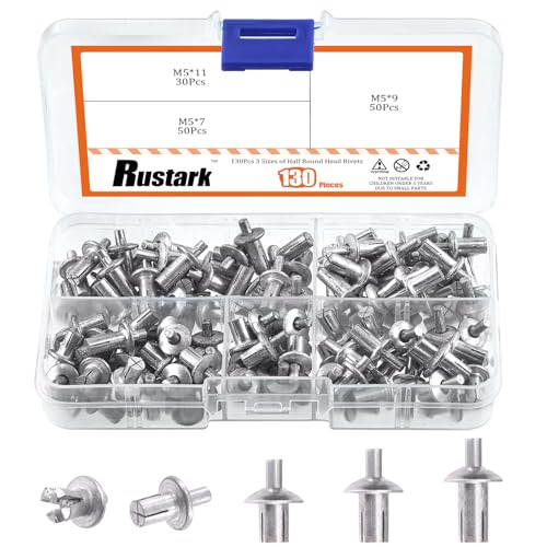 Rustark 130Pcs M5x7mm/9mm/10mm Aluminum Core Rivets with Round Head Assortment Kit, Hammer Drive Aluminum Rivets Knock Type Expansion Half Round Head Core Rivets for Mechanical Electronic Equipment - Image 1