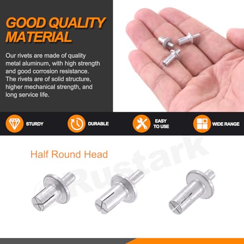 Rustark 130Pcs M5x7mm/9mm/10mm Aluminum Core Rivets with Round Head Assortment Kit, Hammer Drive Aluminum Rivets Knock Type Expansion Half Round Head Core Rivets for Mechanical Electronic Equipment - Image 3