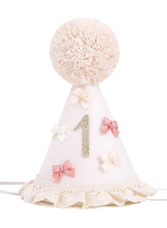 Bow 1st Birthday Hat for Girls,Boho First Birthday Crown, Baby Girl Pink Party Hat, Bow Theme Decorations, Headwear Decor for Girls Boys - Image 1