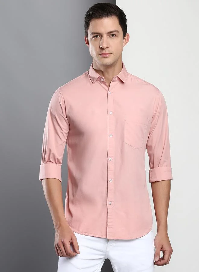 Dennis Lingo Men's Slim Fit Peach Casual Cotton Spread Shirt