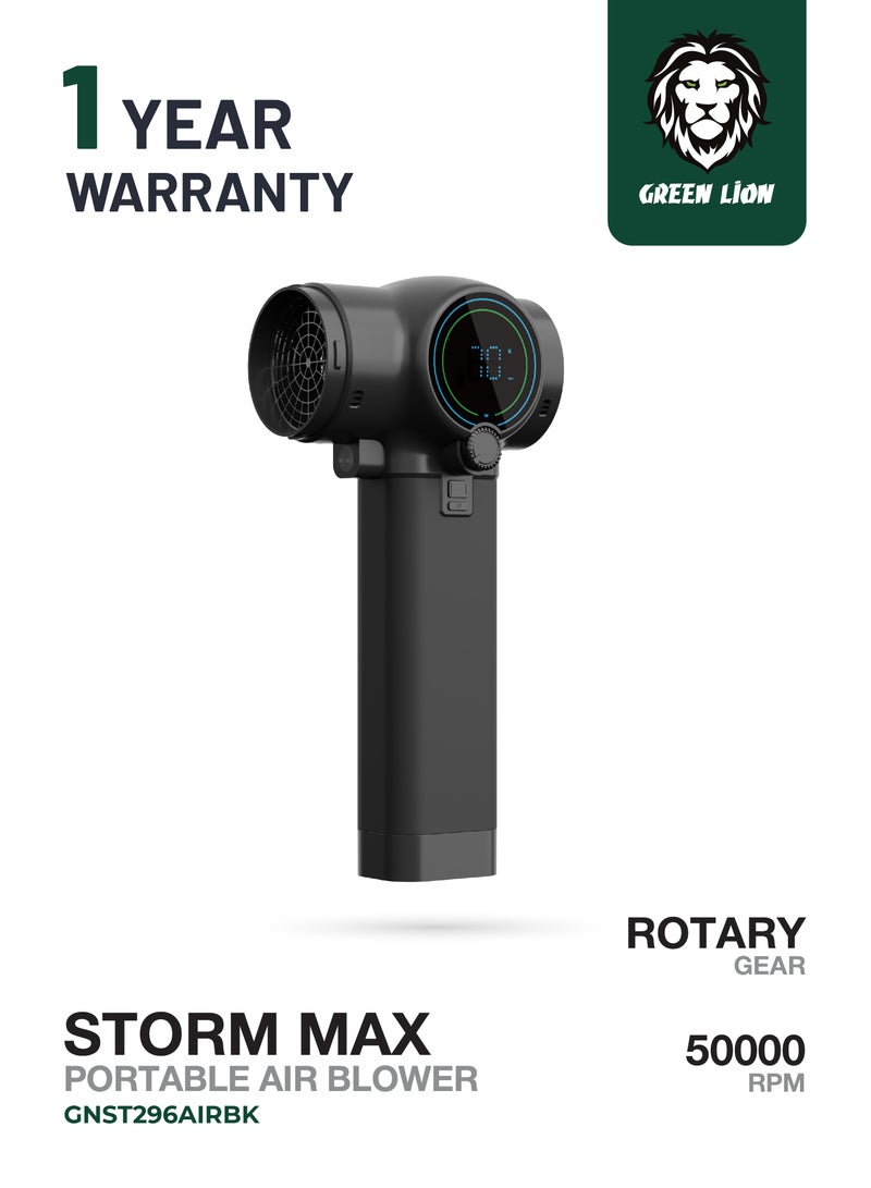GREEN LION Storm Max Portable Air Blower with Booster / Diffuser & Extension Nozzles / 4000mAh Battery / Up to 80 Minutes Working Time / 750W Power / Ergonomic Silicone Grip / Built-in LED Light / Variable Rotary Gear - Black - Image 1