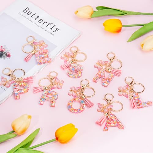 YINANLIN Initial Letter Keychain Cute Keychain Butterfly Pink Sequins Alphabet Resin Name Tassel Keychain for Mother's Gift (Pink-M) - Image 2