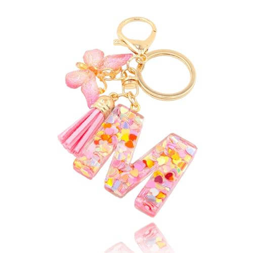 YINANLIN Initial Letter Keychain Cute Keychain Butterfly Pink Sequins Alphabet Resin Name Tassel Keychain for Mother's Gift (Pink-M) - Image 1