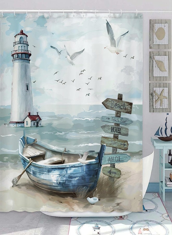 Uokiuki Nautical Coastal Shower Curtain, Ocean Beach Lighthouse Shower Curtain Set, Seasides Sailboat Coastal Blue Teal Decor Shower Curtain for Bathroom with Hook 70X70IN - Image 2