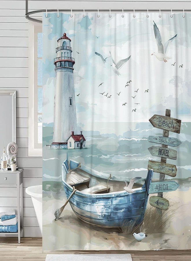 Uokiuki Nautical Coastal Shower Curtain, Ocean Beach Lighthouse Shower Curtain Set, Seasides Sailboat Coastal Blue Teal Decor Shower Curtain for Bathroom with Hook 70X70IN - Image 1