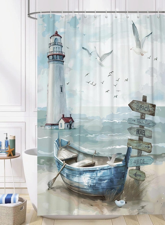 Uokiuki Nautical Coastal Shower Curtain, Ocean Beach Lighthouse Shower Curtain Set, Seasides Sailboat Coastal Blue Teal Decor Shower Curtain for Bathroom with Hook 70X70IN - Image 4