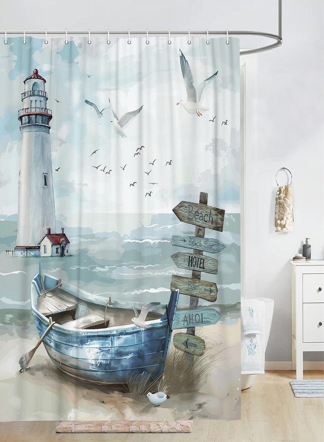 Uokiuki Nautical Coastal Shower Curtain, Ocean Beach Lighthouse Shower Curtain Set, Seasides Sailboat Coastal Blue Teal Decor Shower Curtain for Bathroom with Hook 70X70IN - Image 3