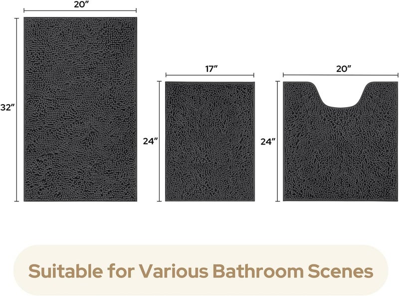 HOMEIDEAS 3 Pieces Bath Rugs Set Chenille Bathroom Door Mats - Ultra Soft, Non-slip, and Absorbent Plush for Tub - Image 3