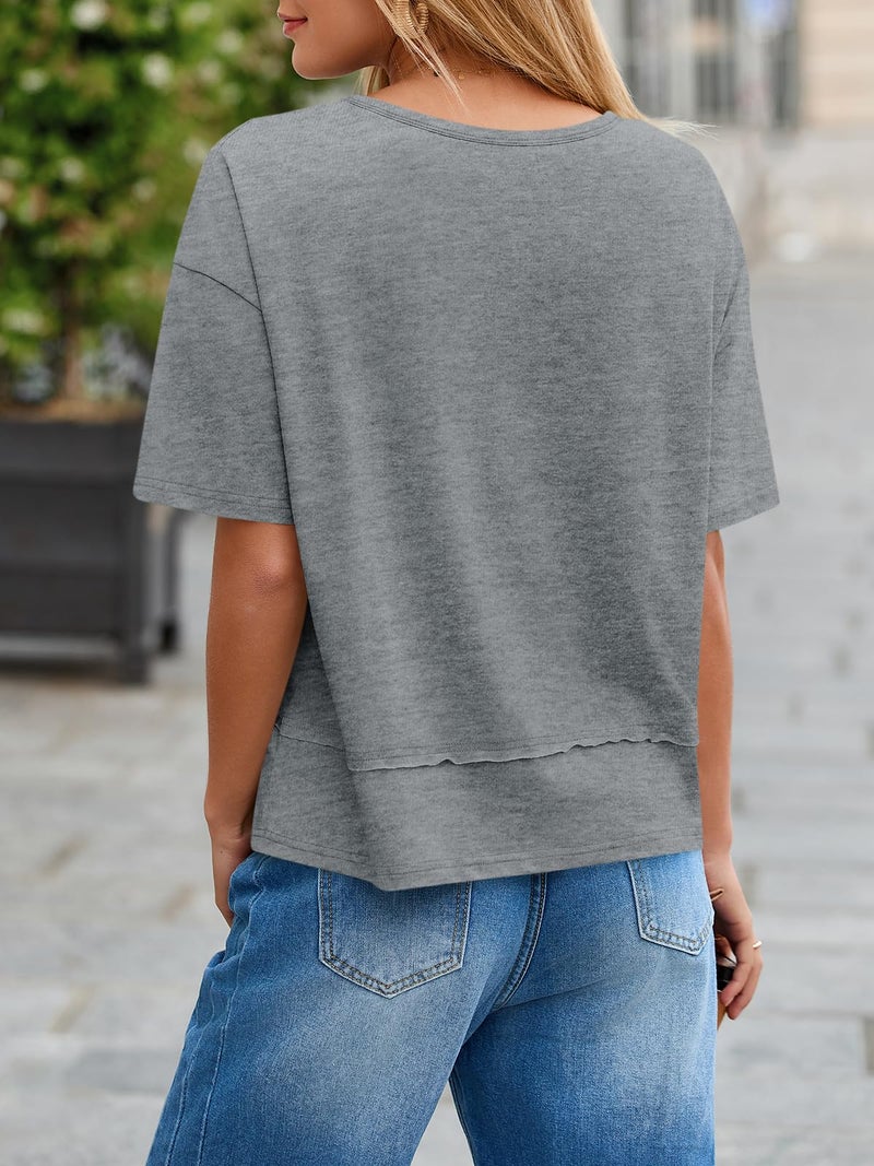 Cicy Bell Womens Summer V Neck T Shirts Casual Short Sleeve Flowy Tops Cute Loose Fit Basic Tees Grey - Image 5